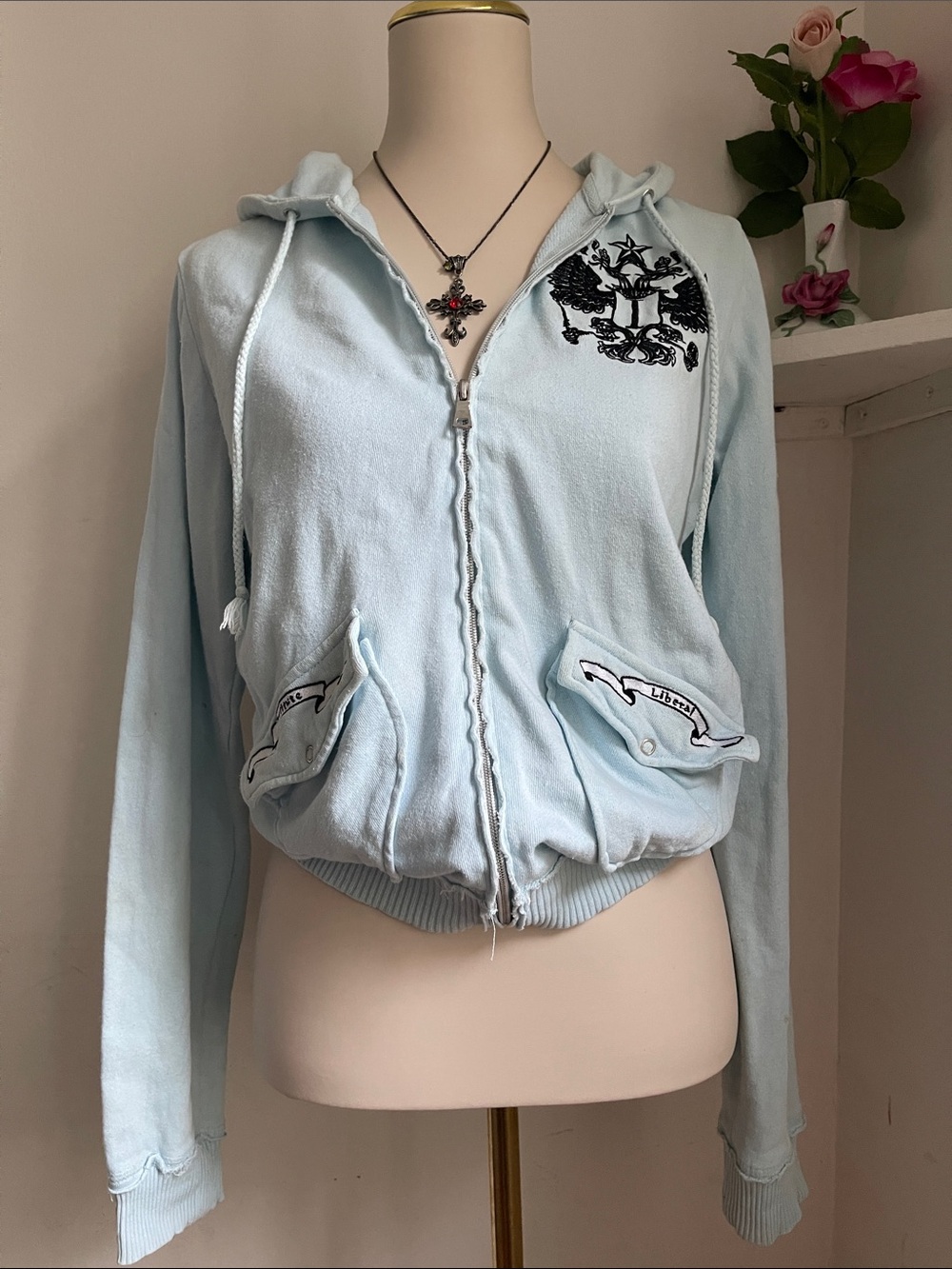 Light Blue Zip-Up Hooded Jacket with Crest Detail